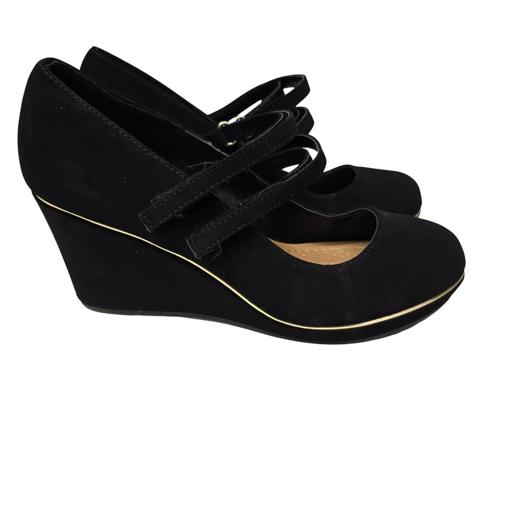 Andiamo Alydia Black Faux Suede Double Strap‎ Mary Jane Wedge Heels Womens 9.5M